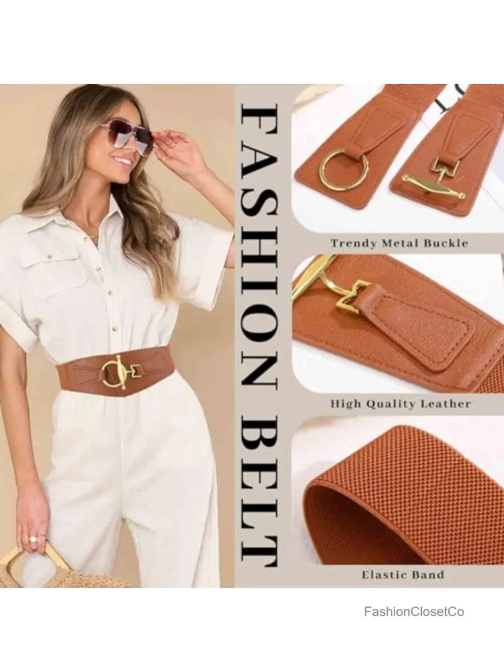 Women's Stretchy Wide Elastic Waist Belt with Gold Buckle